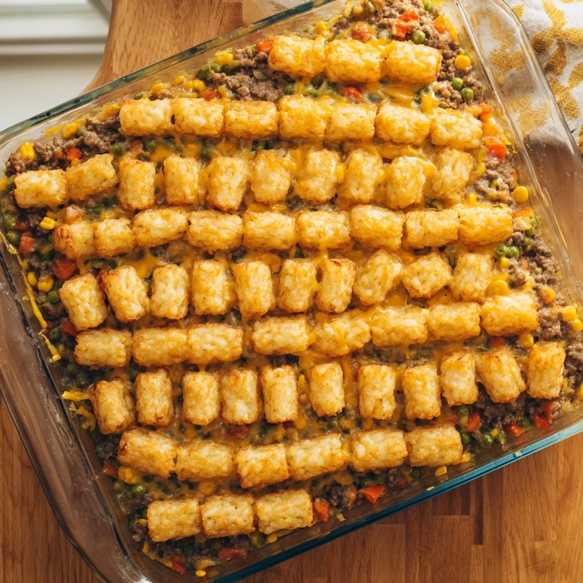 Baked ground beef casserole topped with crunchy potato tots and bubbling cheese sauce