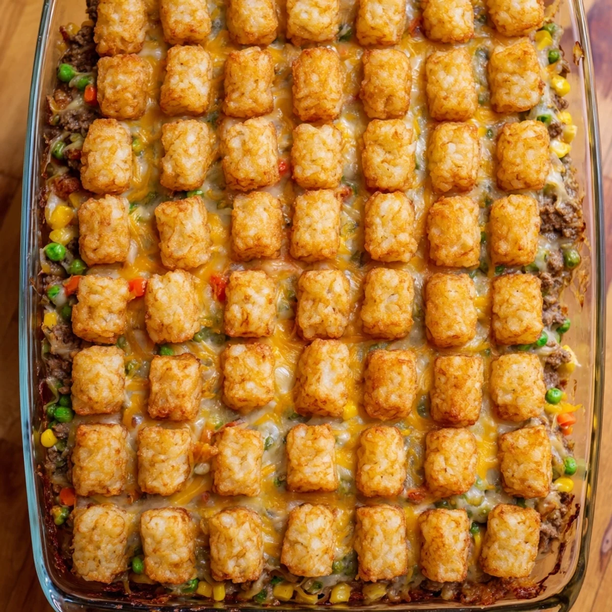 Family-friendly cheesy ground beef tater tot casserole fresh from the oven with steam rising