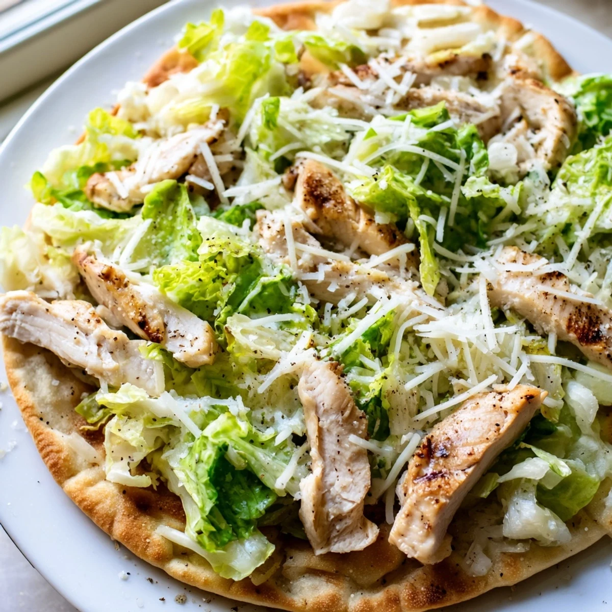 Golden chicken Caesar flatbread topped with crisp romaine lettuce and melted mozzarella cheese