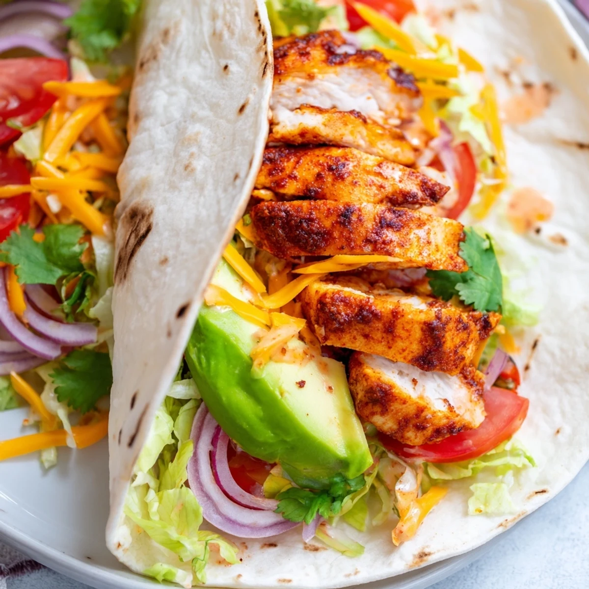 Golden sliced spicy chicken wrapped in flour tortillas with creamy avocado and fresh vegetables