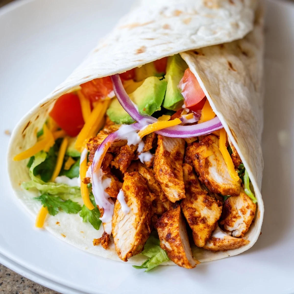  handheld lunch featuring spiced grilled chicken, ripe avocado slices, and colorful veggie toppings