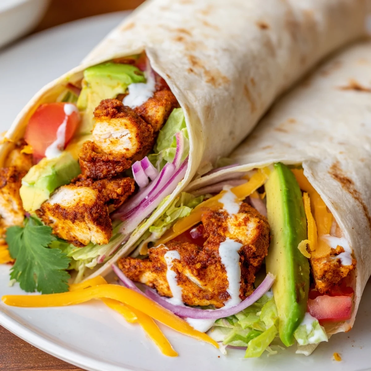 Zesty chicken avocado wraps filled with crisp lettuce, tomatoes, melted cheddar, and sriracha sauce