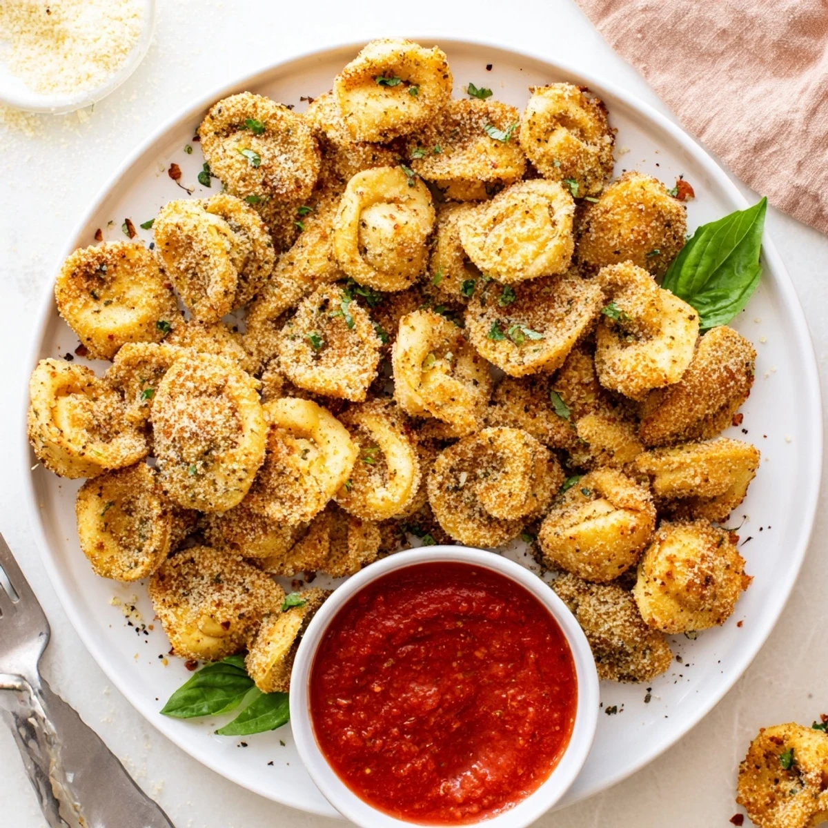 Golden air fryer tortellini arranged on a white plate served with warm marinara dipping sauce