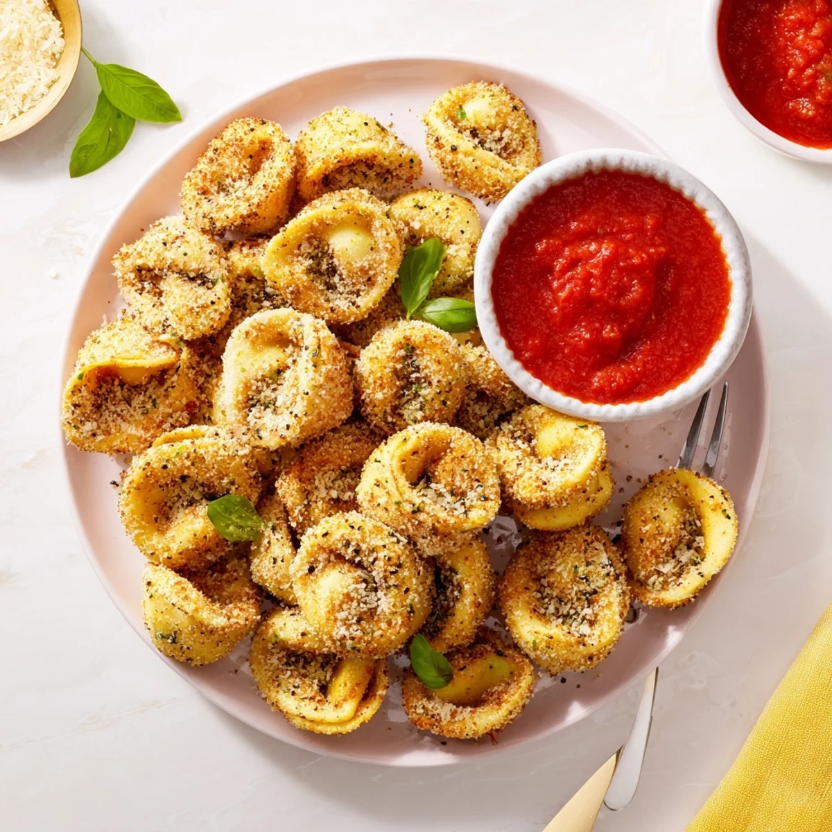 Crispy breaded tortellini fresh from the air fryer basket sprinkled with grated Parmesan cheese