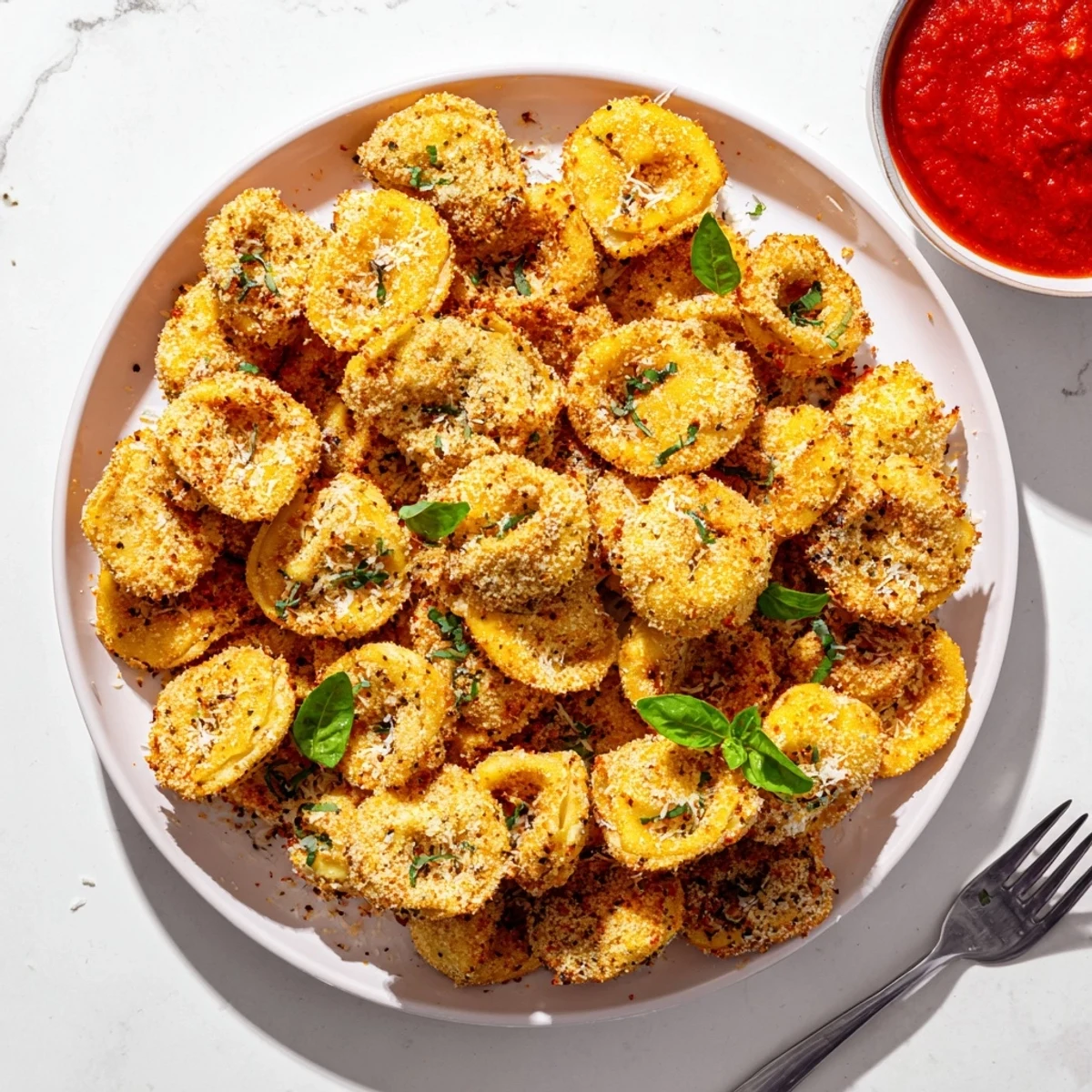 Close-up of crispy Italian-style tortellini bites garnished with fresh basil alongside red tomato sauce