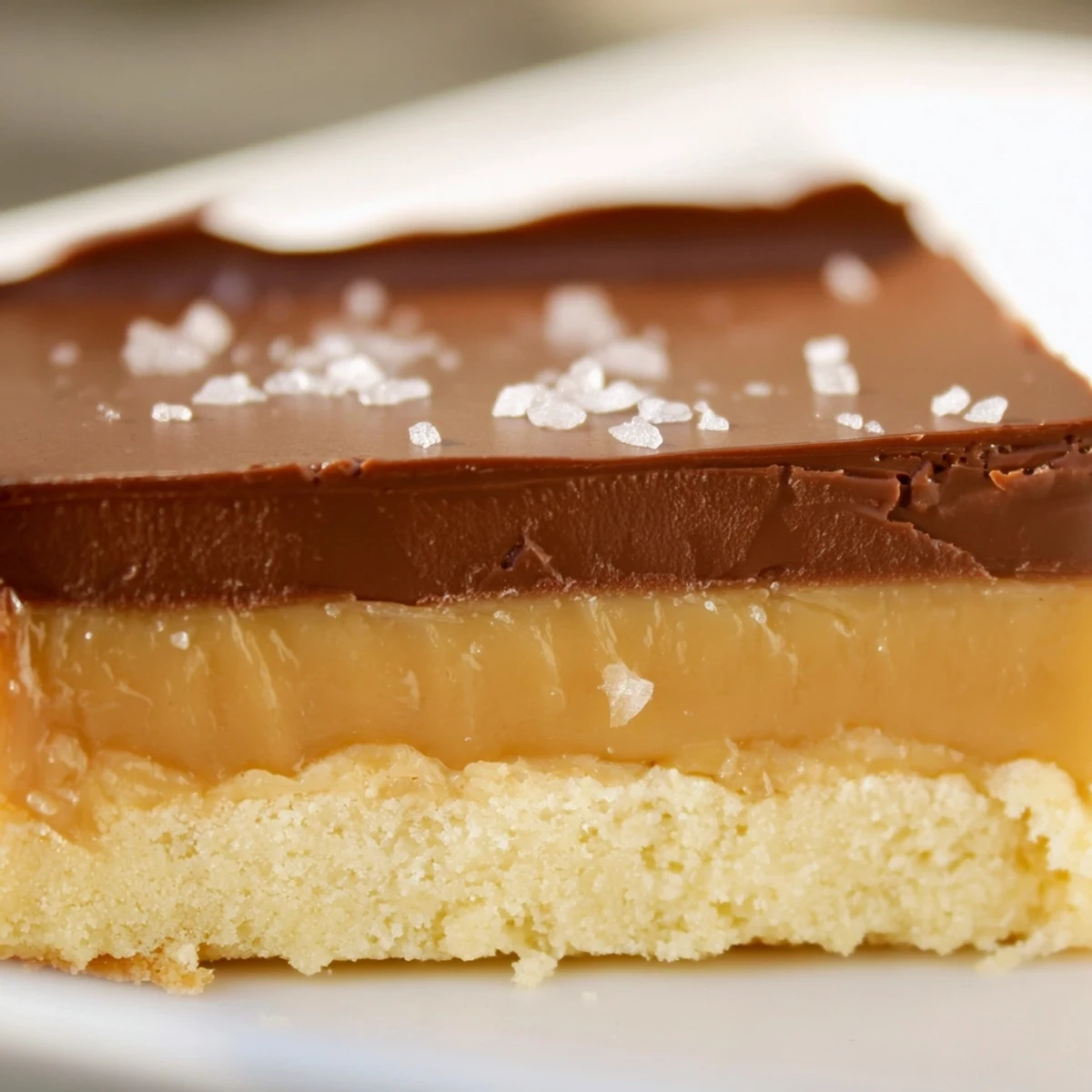 Slice of Twix candy bar dessert showing crisp shortbread base topped with caramel and chocolate