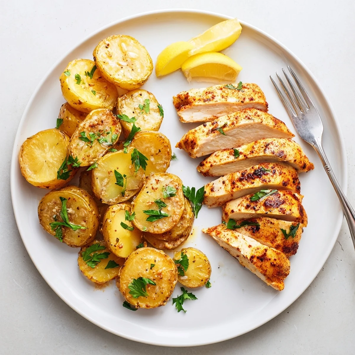 Golden grilled chicken breast sliced beside crispy roasted Yukon Gold potatoes garnished with fresh parsley