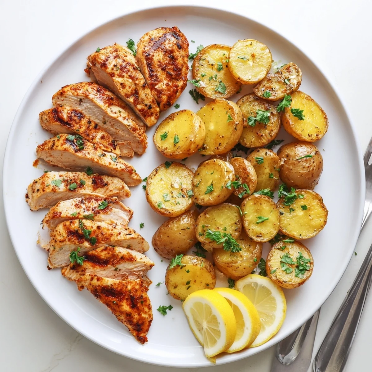 Juicy seasoned grilled chicken served on a white plate with rosemary roasted baby potatoes and lemon