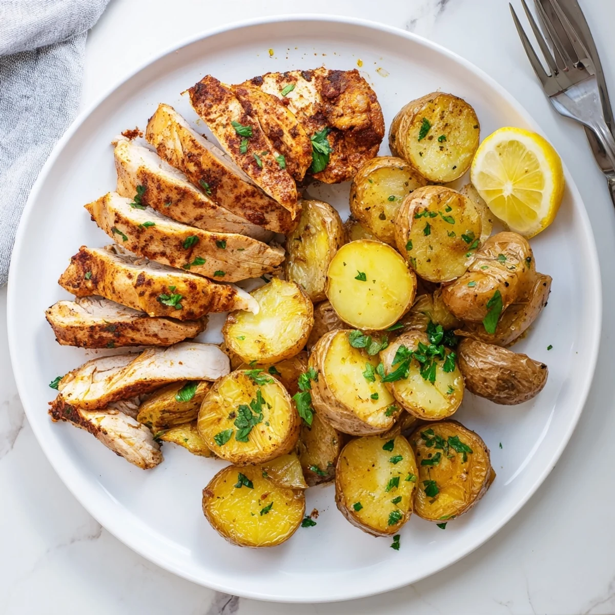 Perfectly grilled spiced chicken resting alongside golden brown crispy potatoes on a rustic wooden serving board