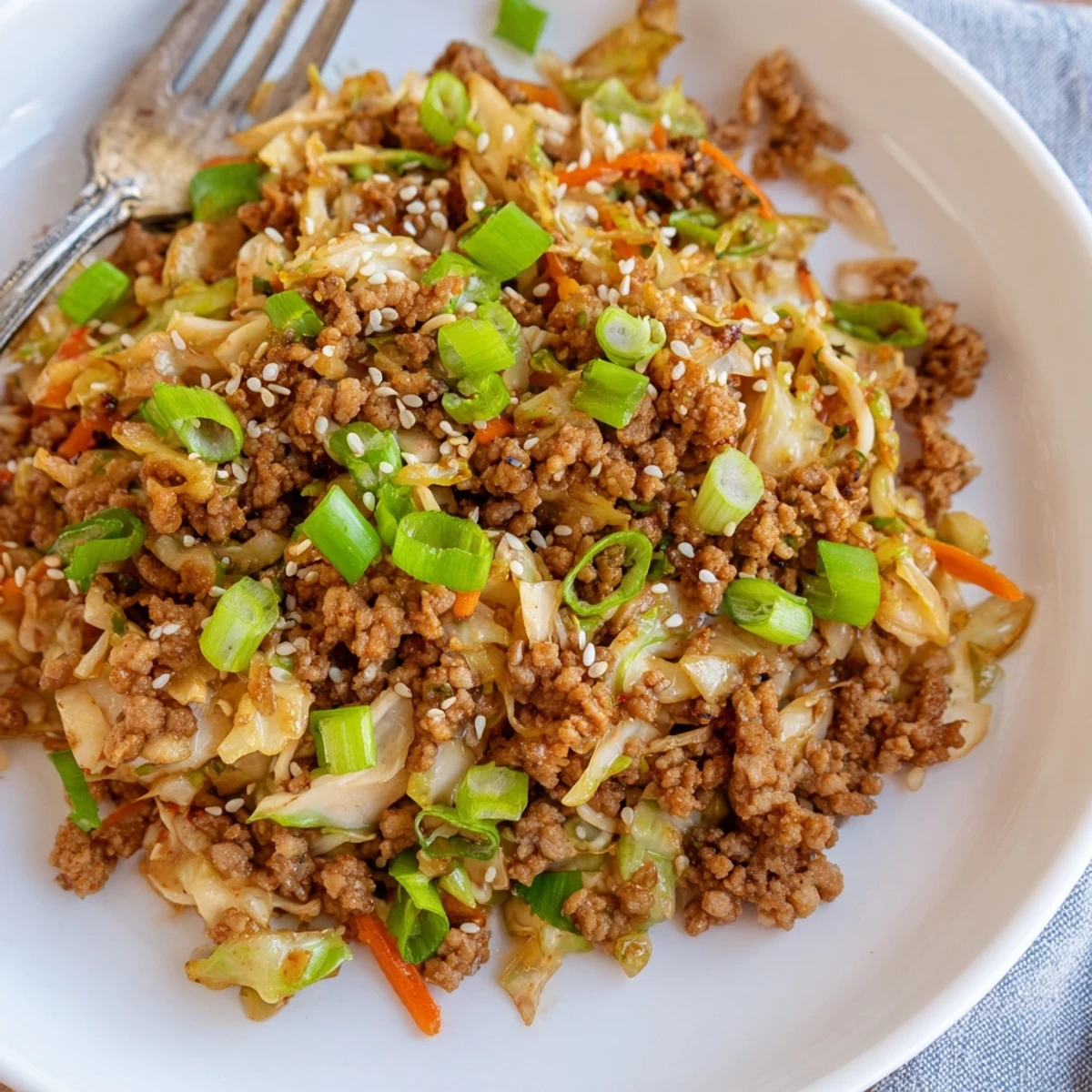 Savory egg roll in a bowl with seasoned ground pork and shredded cabbage in a skillet