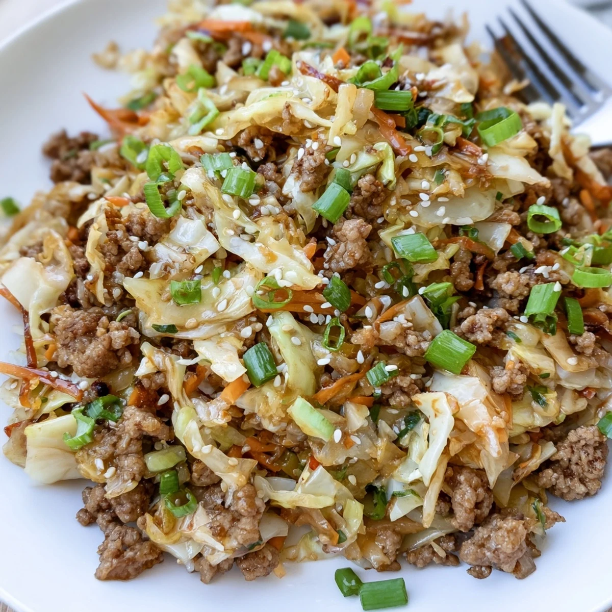 Golden brown pork mixture with crisp coleslaw vegetables topped with green onions and sesame seeds