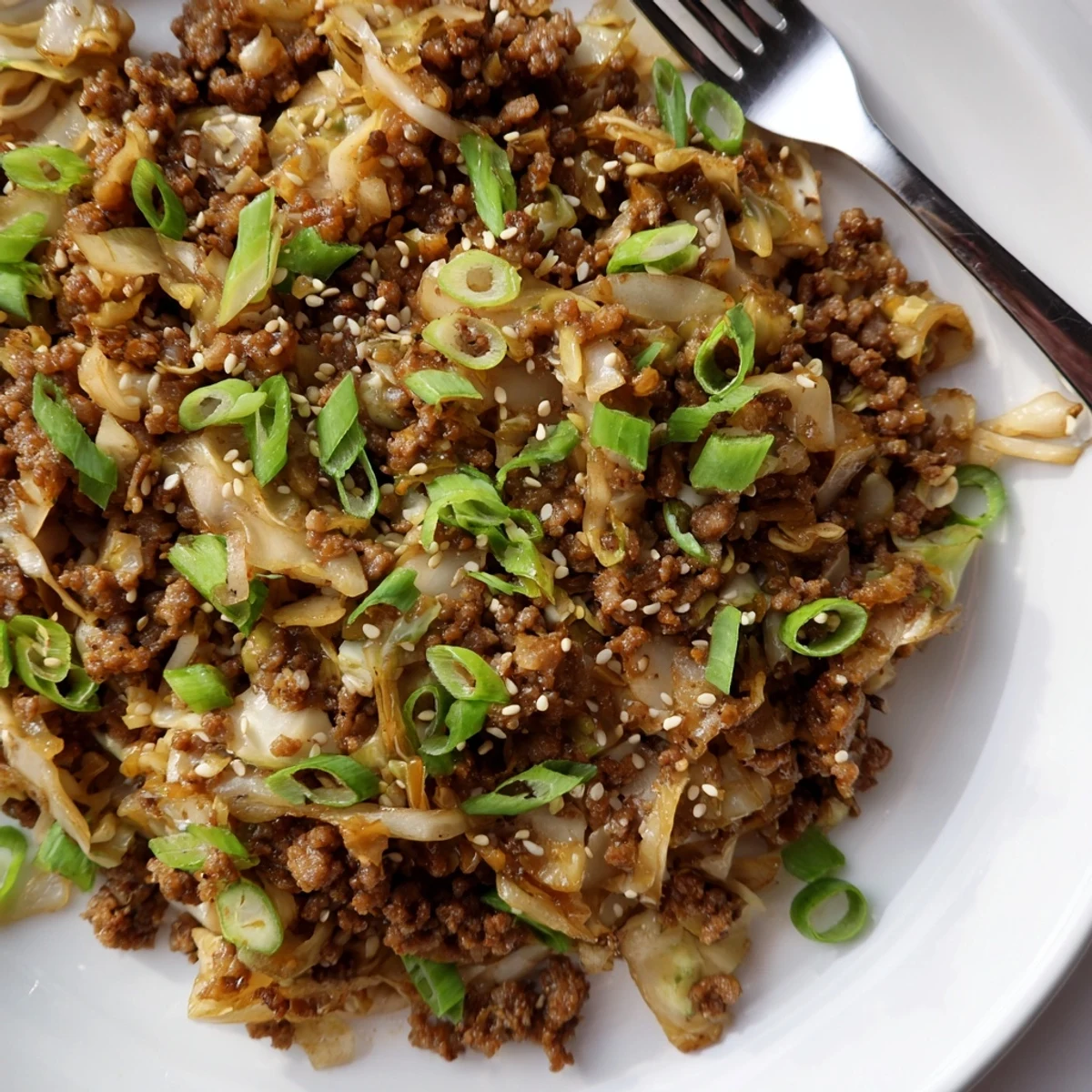 Deconstructed egg roll in a bowl featuring tender meat and colorful vegetables ready for serving