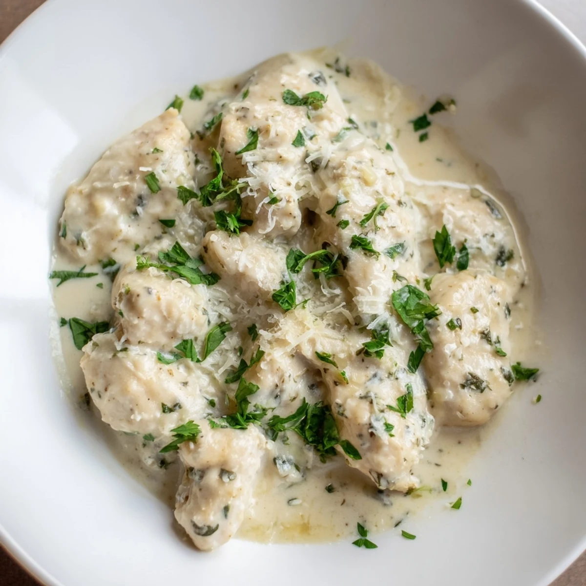Golden chicken breasts simmering in a rich, velvety garlic Parmesan sauce with fresh parsley garnish