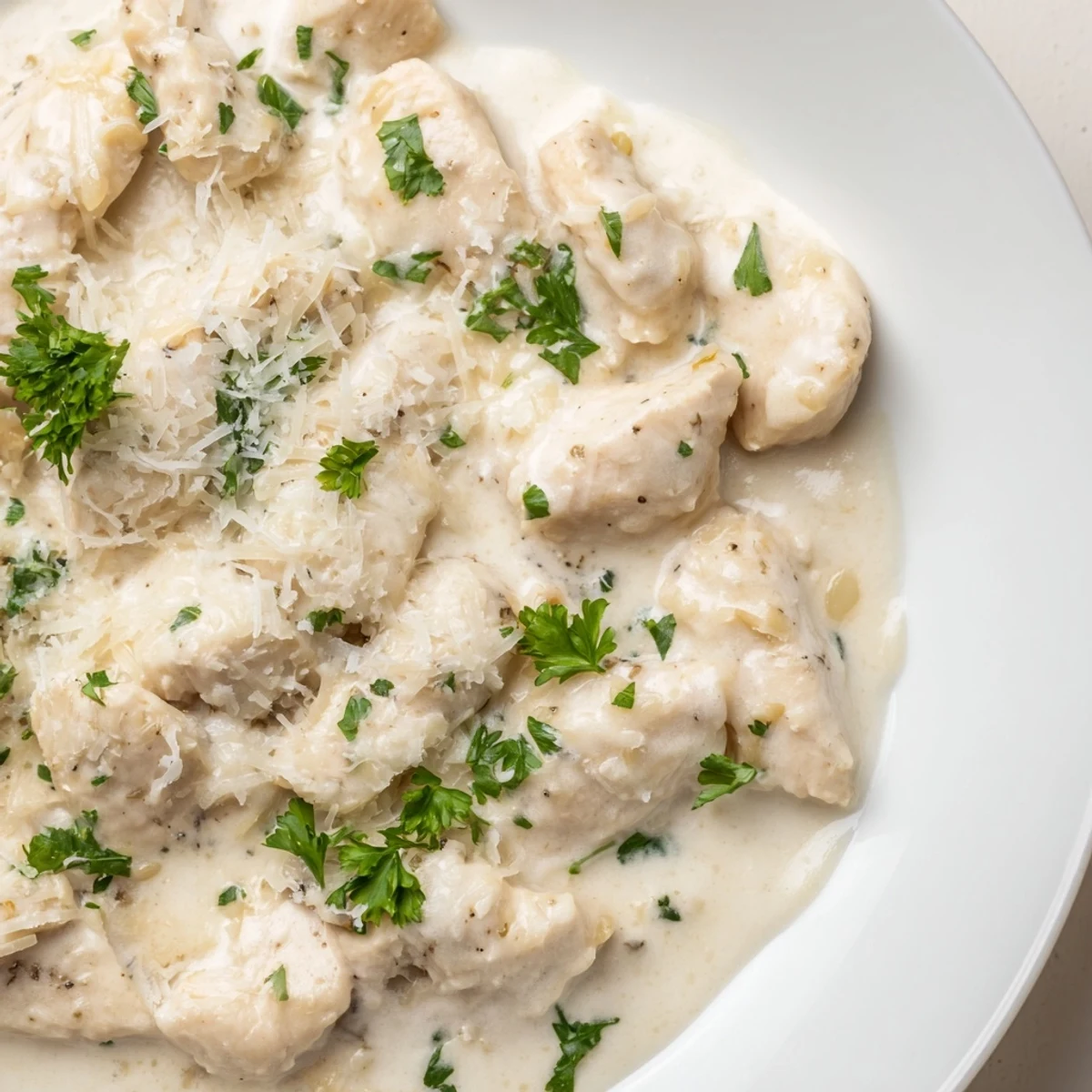 Slow cooker Crockpot creamy garlic Parmesan chicken served over mashed potatoes with white sauce drizzled on top