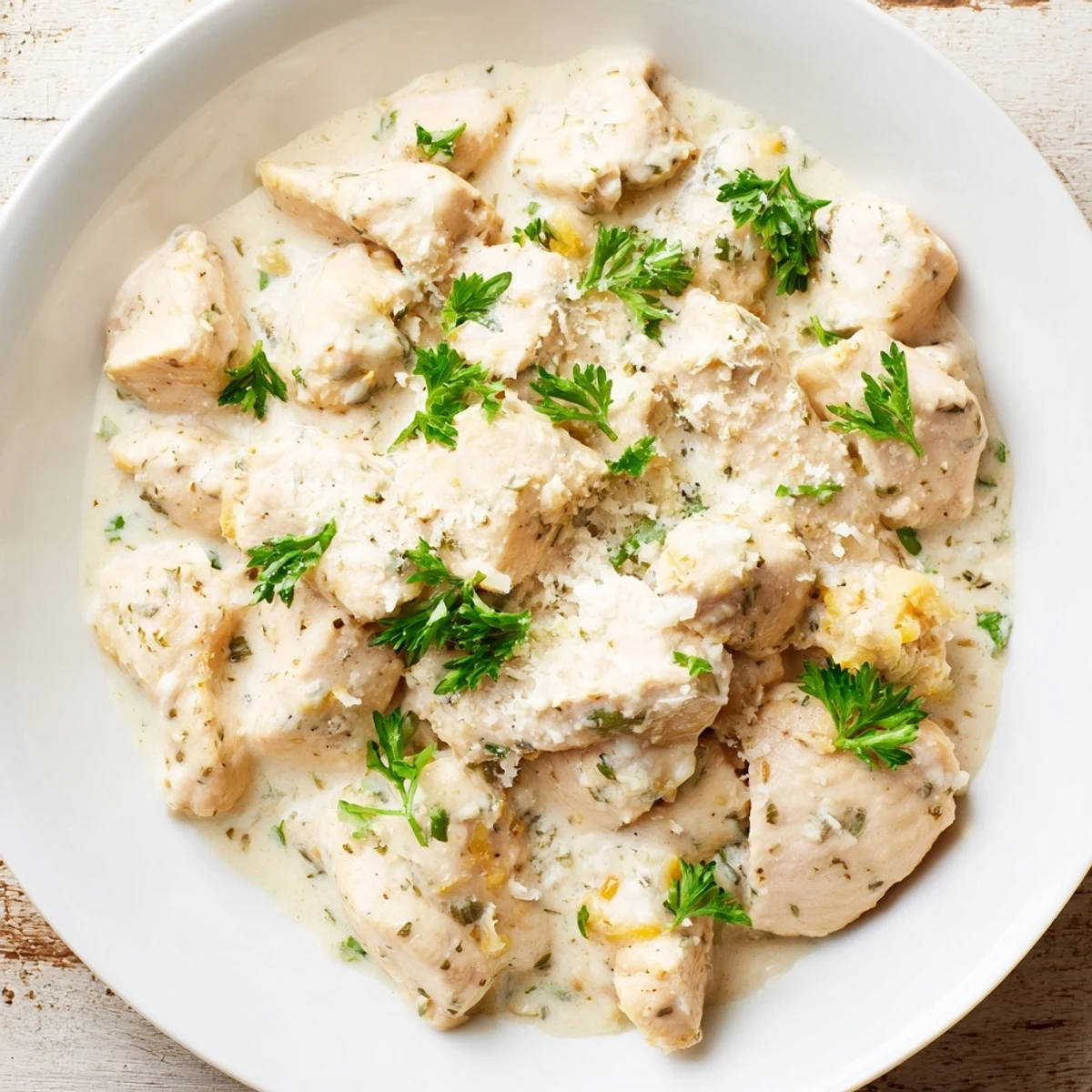 Tender shredded chicken pieces coated in a thick, cheesy cream sauce with diced parsley sprinkled generously