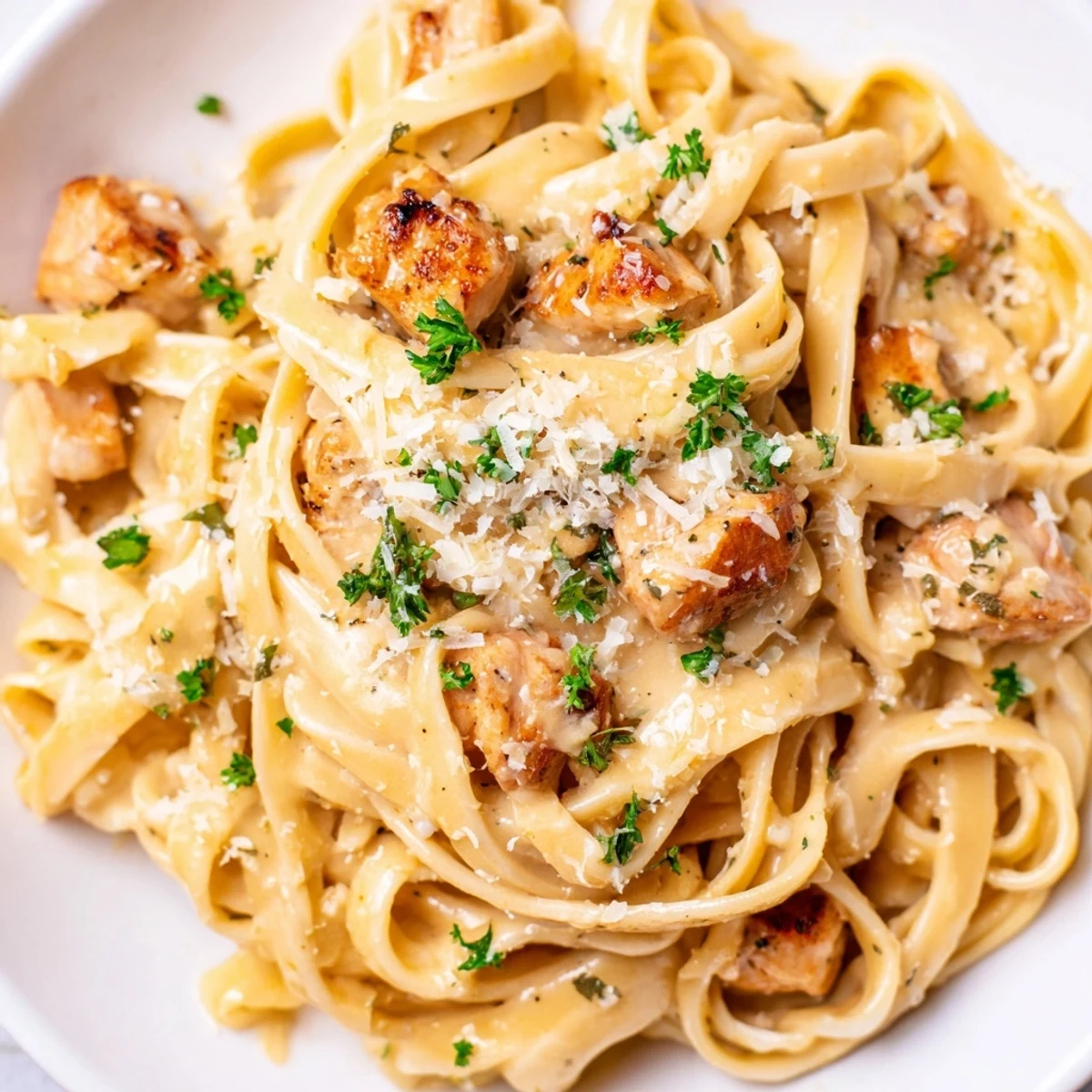 Golden fettuccine tossed in velvety garlic Parmesan cream sauce with tender bite-sized chicken pieces