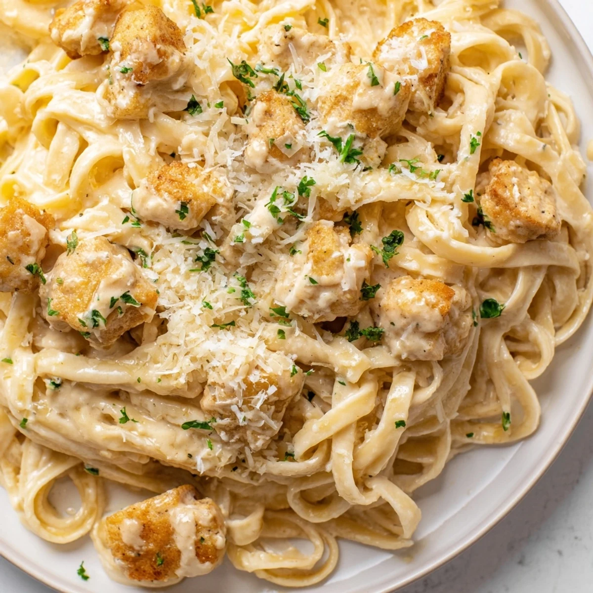 Steaming plate of cheesy chicken pasta showcasing thick sauce coating every noodle with grated Parmesan sprinkled on top