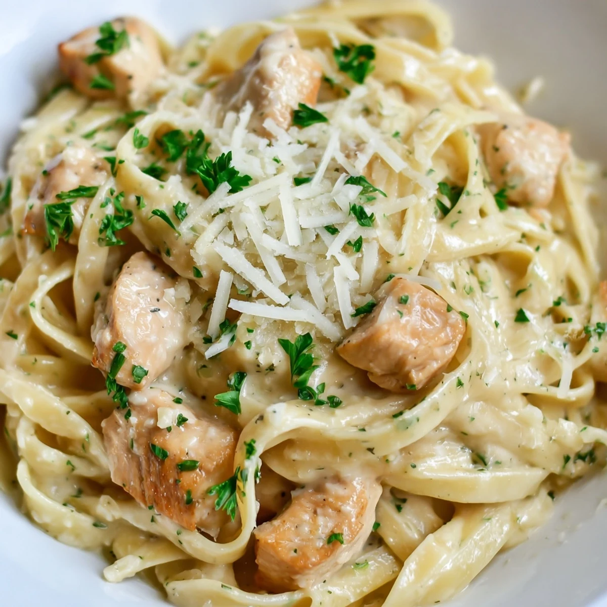 Creamy garlic Parmesan chicken pasta served in a white bowl topped with fresh green parsley