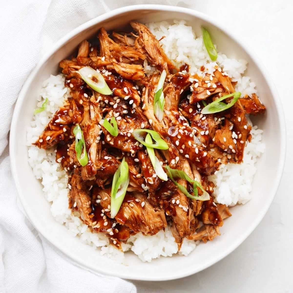Golden shredded Crockpot Teriyaki Chicken coated in glossy brown sauce over white rice