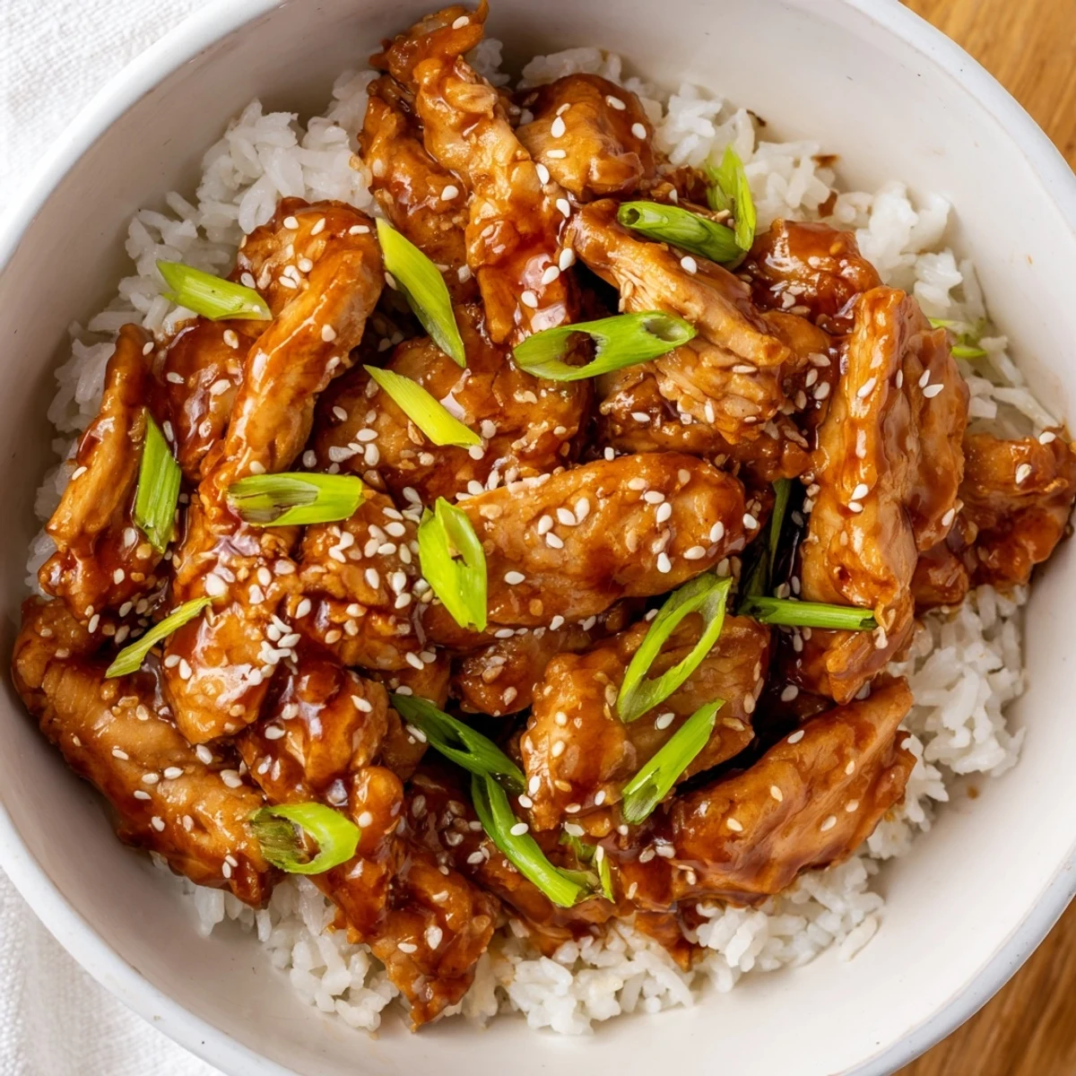 Slow cooker chicken thighs braised in sweet honey teriyaki glaze with sesame seed garnish