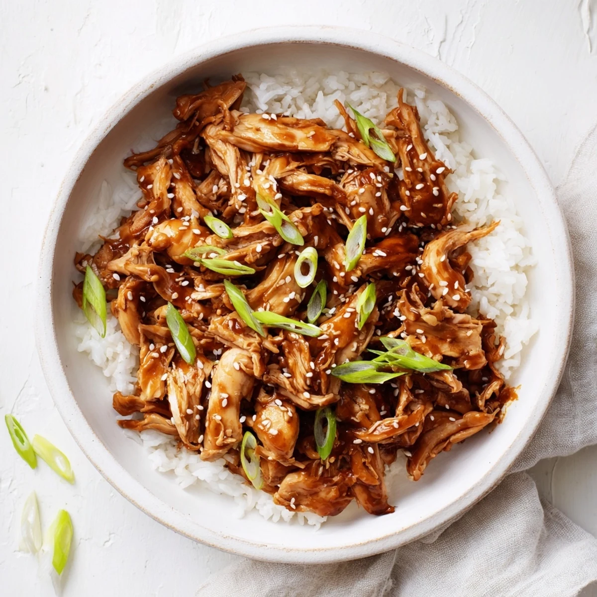 Tender Crockpot Teriyaki Chicken pieces swimming in thick savory sauce with green onion topping