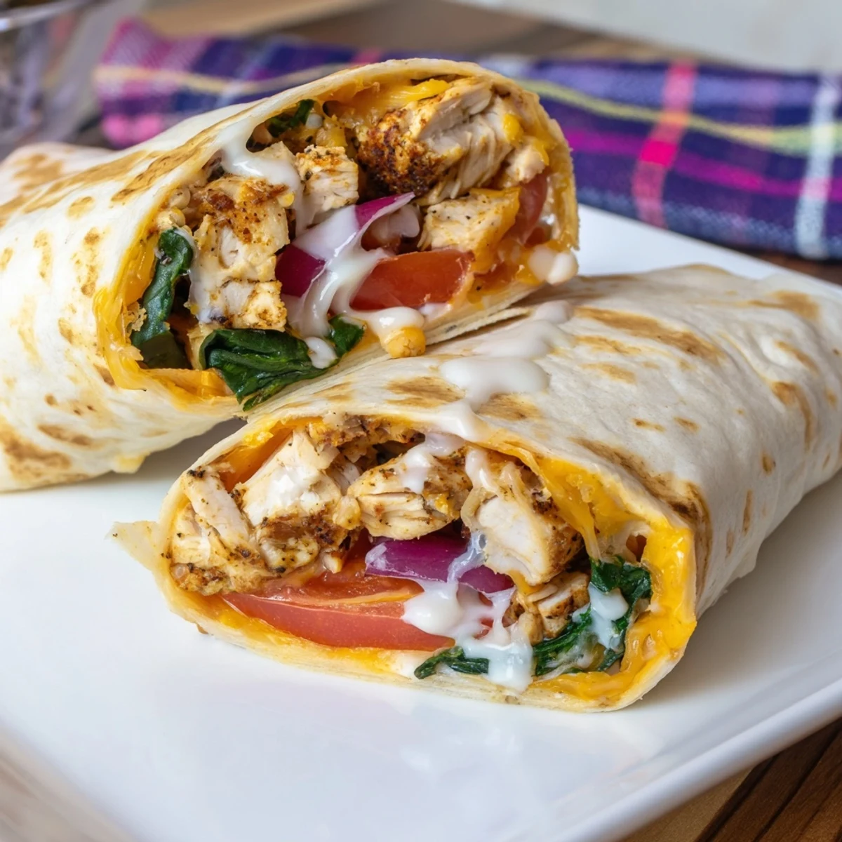 Golden grilled low carb cheesy garlic chicken wraps sliced open revealing layers of cheddar and vegetables