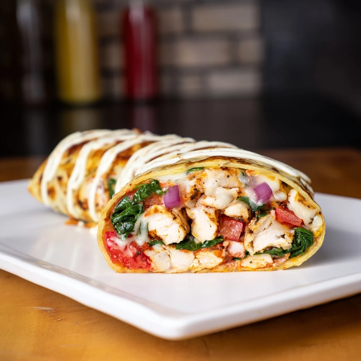 Low carb cheesy garlic chicken wraps with melted mozzarella and fresh spinach in a soft tortilla