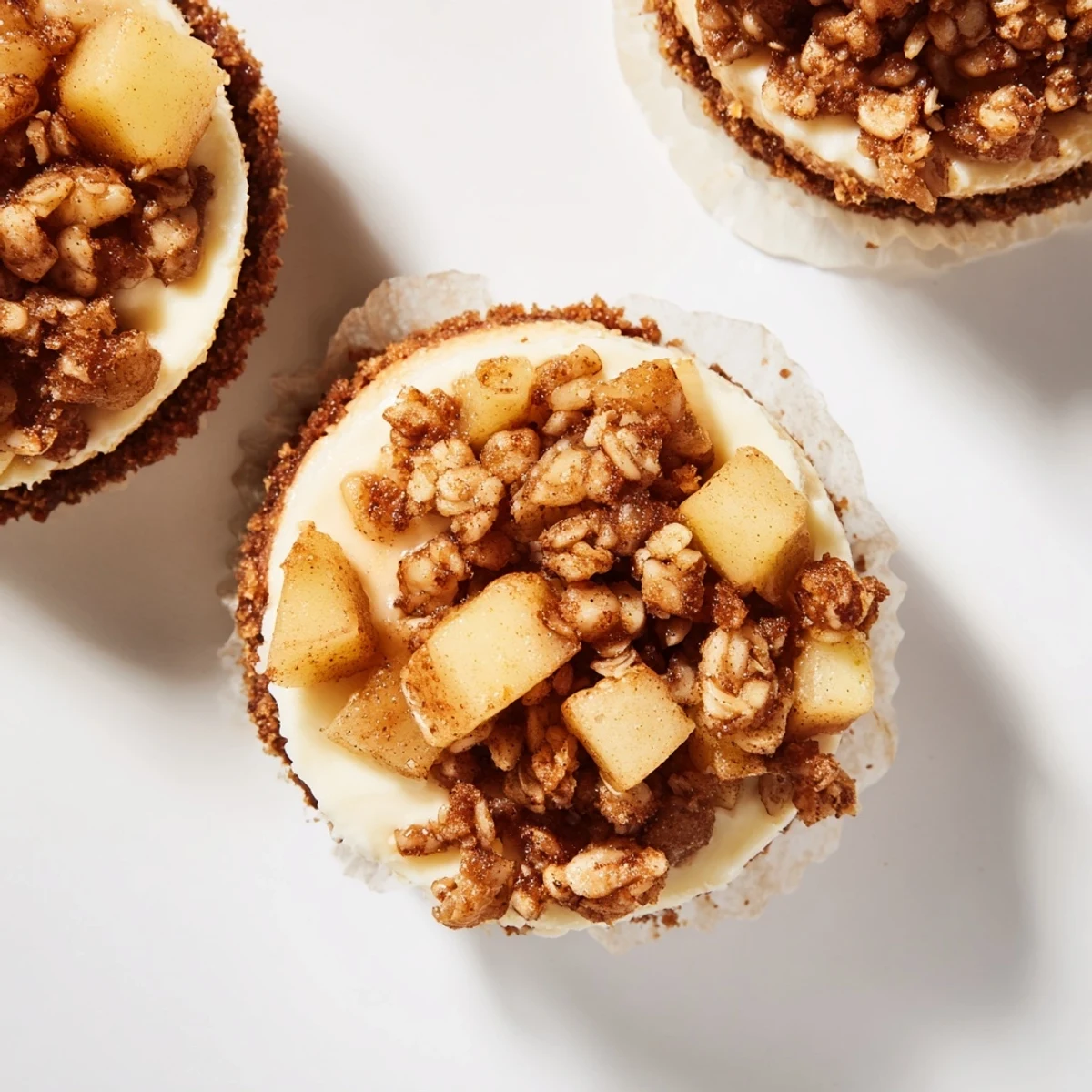 Golden brown apple crisp mini cheesecakes topped with warm cinnamon spiced apples and crumbly oat topping