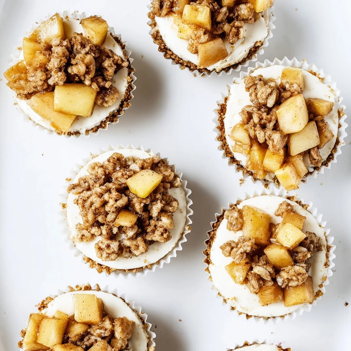 Individual creamy cheesecakes featuring tender diced apples in a buttery brown sugar oat crisp topping