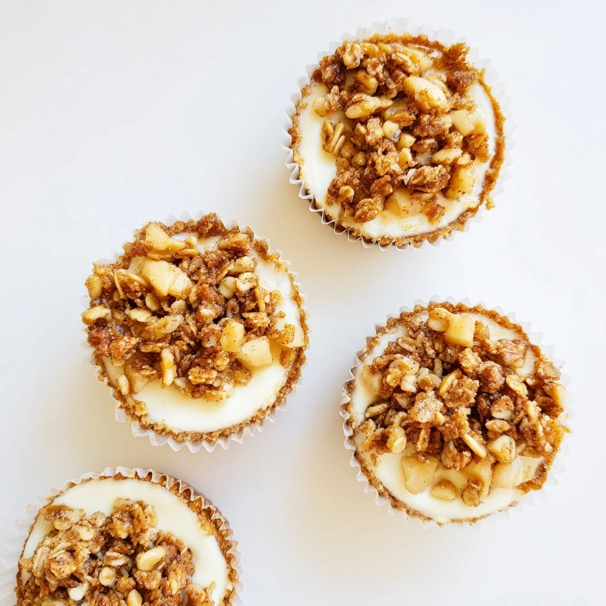 Mini cheesecakes with graham cracker crusts crowned with caramelized apple crisp mixture and oat crumbles