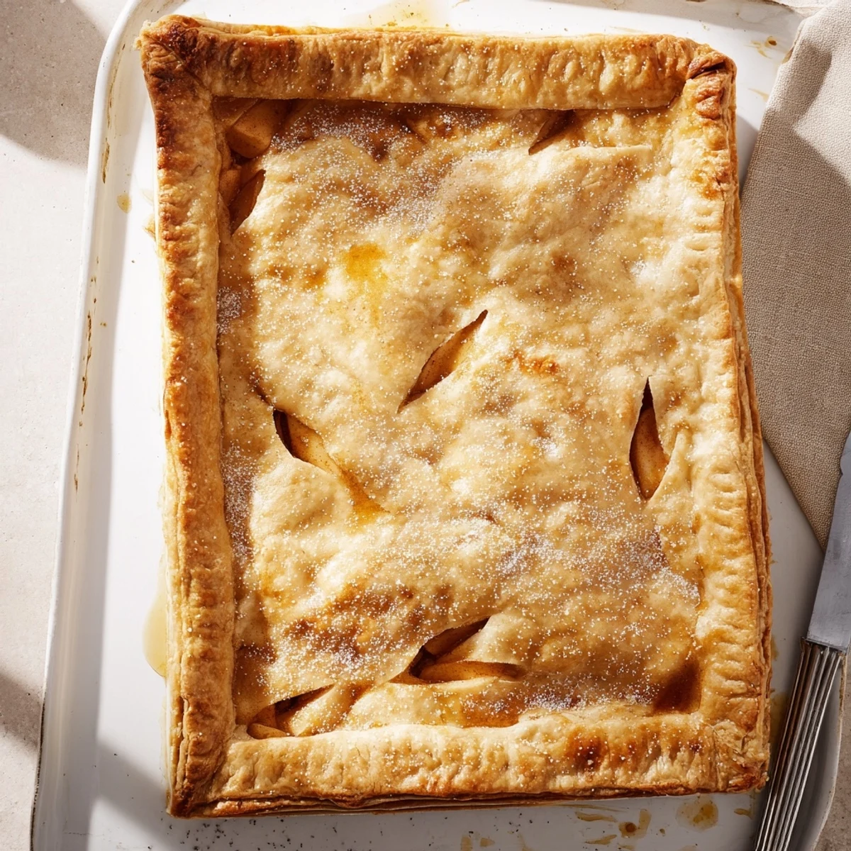Golden apple slab pie with flaky crust baked in a rectangular pan for easy serving