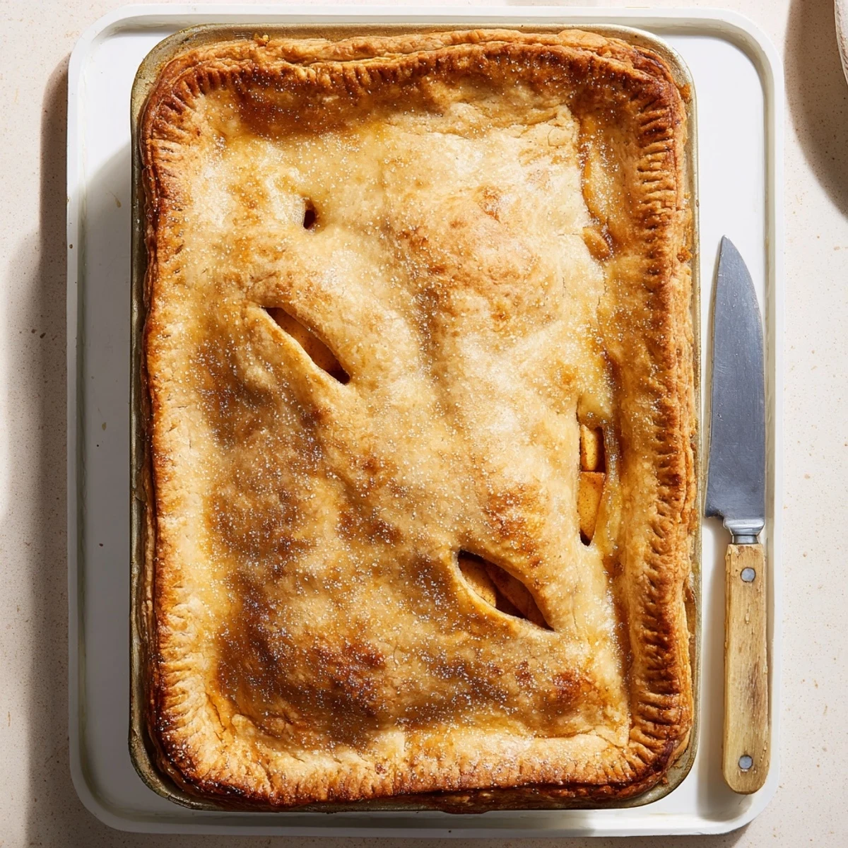 Spiced apple slab pie featuring layers of tender fruit beneath a sugary glazed top crust