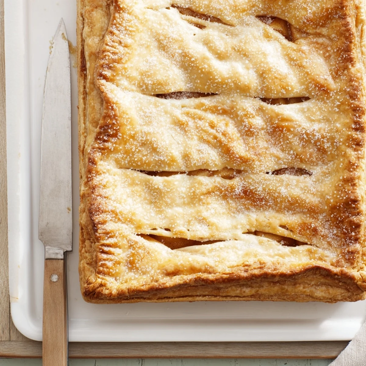 Rectangular apple slab pie with bubbling cinnamon filling and egg-washed pastry for crowd gatherings