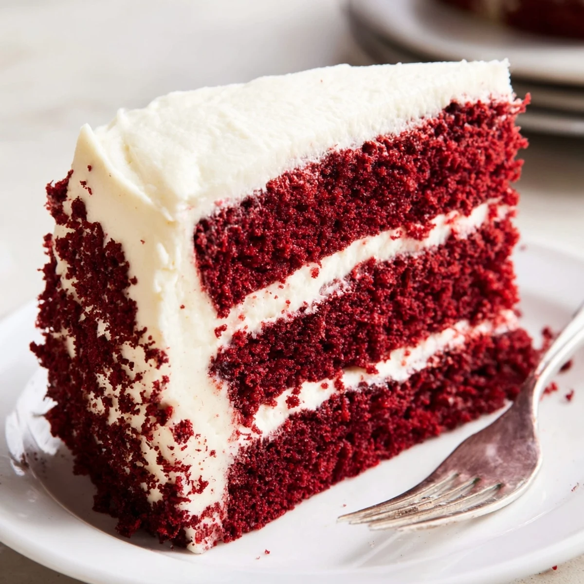 Slice of moist red velvet cake topped with fluffy cream cheese frosting on white plate