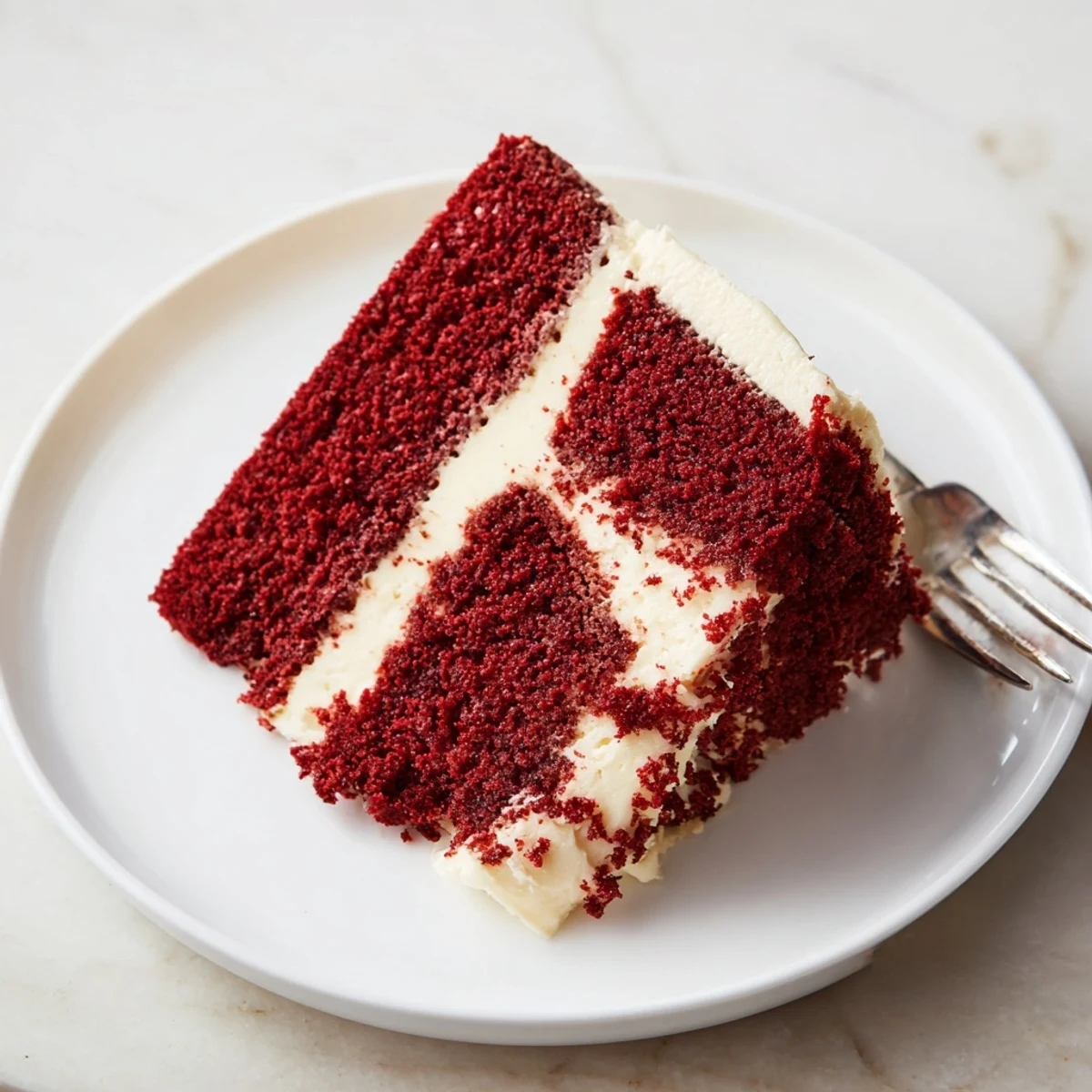 Homemade red velvet cake with smooth cream cheese frosting and cocoa layers on serving platter