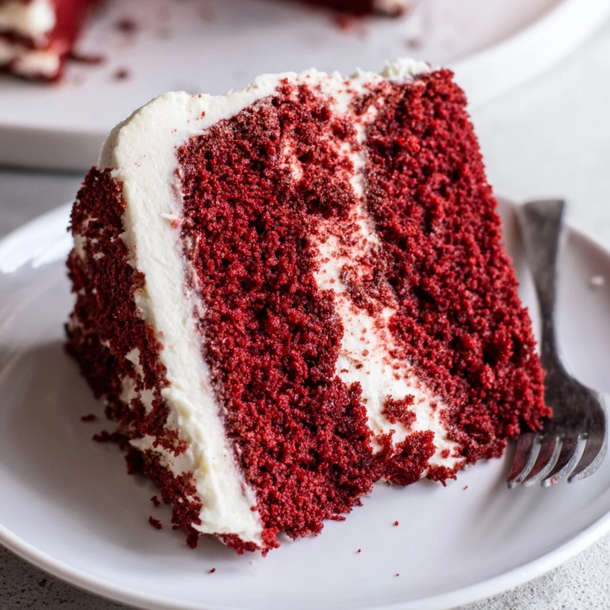 Two-layer red velvet cake with creamy white frosting and red crumbs for special occasions