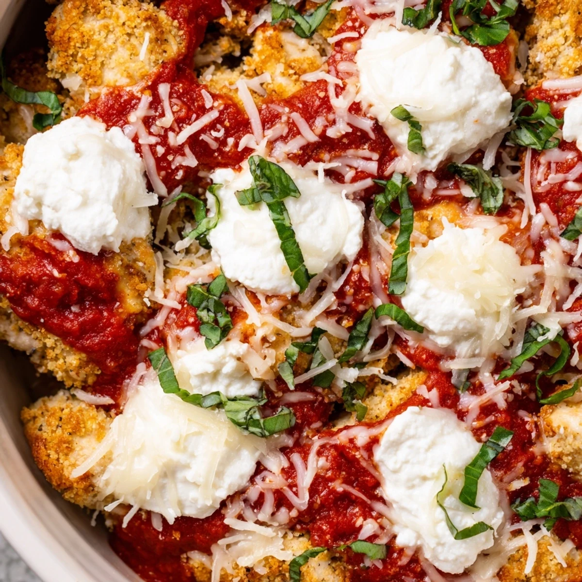 Golden brown chicken breast pieces nestled in cottage cheese with melted mozzarella and marinara sauce in a bowl