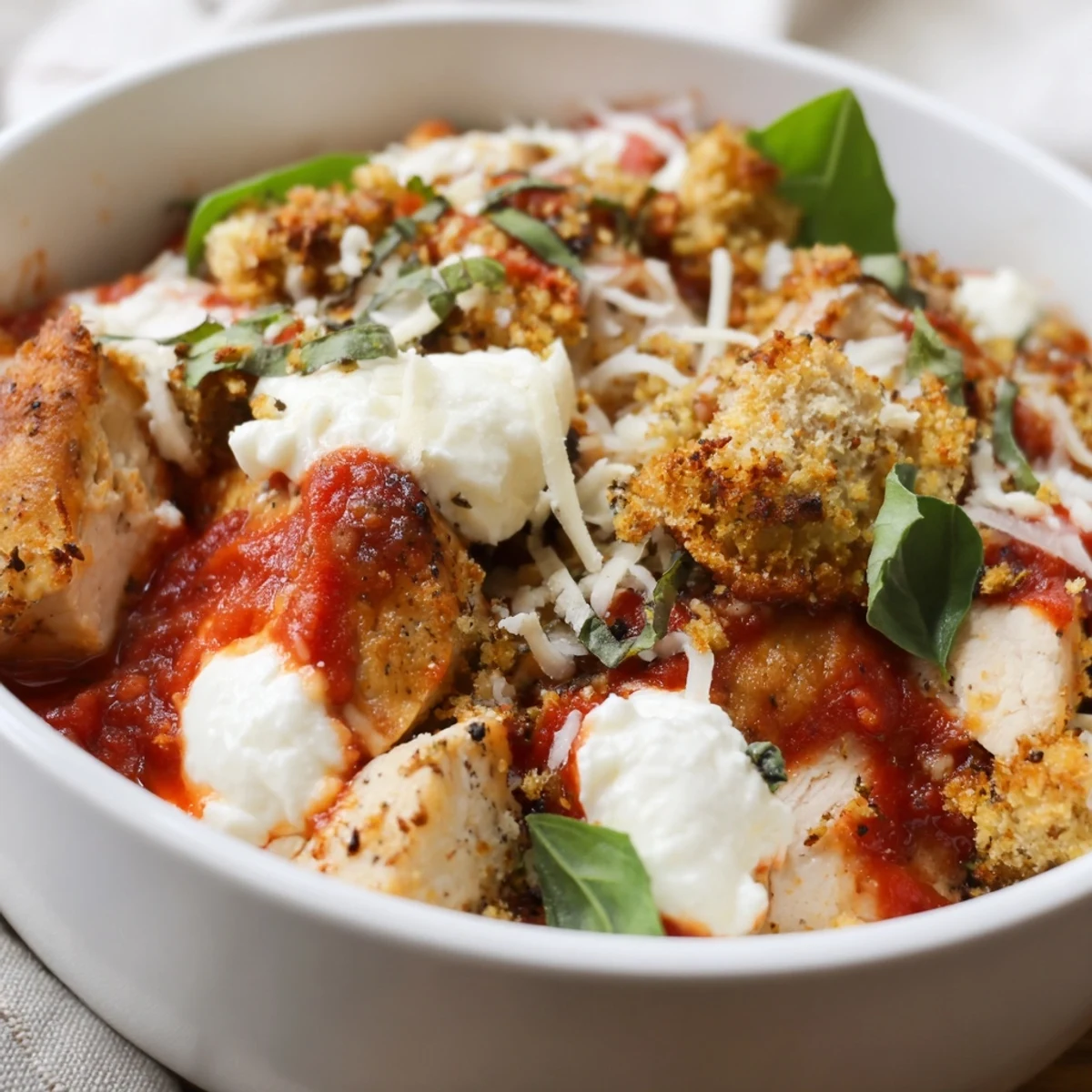 Steaming bowl featuring tender seasoned chicken, zesty marinara, cottage cheese, and bubbly melted cheese under toasted panko