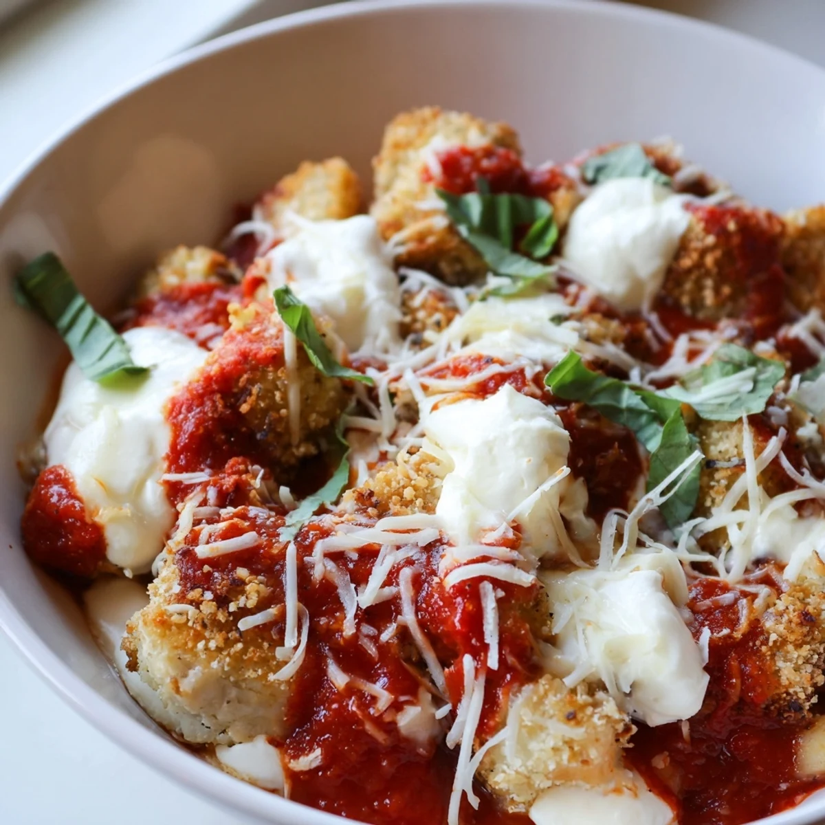Crispy breadcrumb-topped high protein chicken parmesan cottage cheese bowl garnished with fresh green basil leaves
