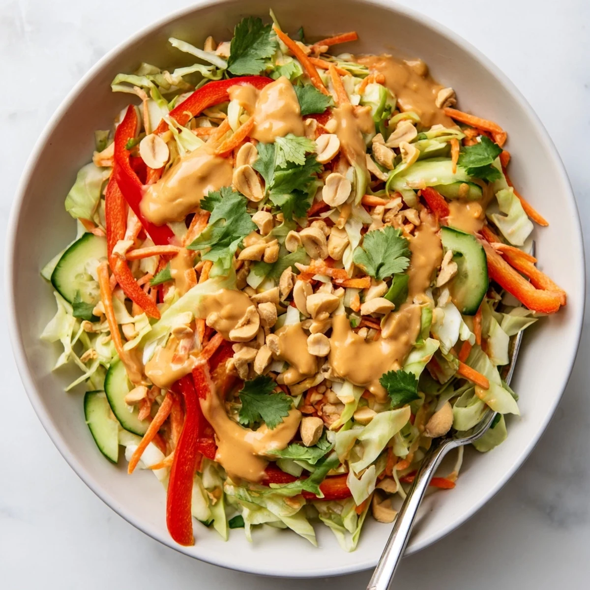Colorful Thai salad peanut sauce drizzled over crisp shredded cabbage and fresh vegetables
