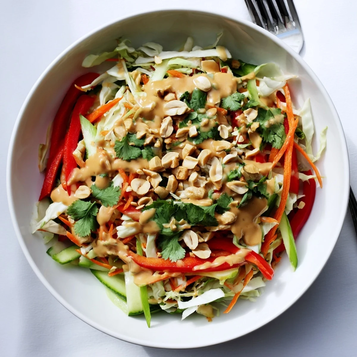 Fresh vegetable bowl topped with creamy Thai salad peanut sauce and cilantro garnish