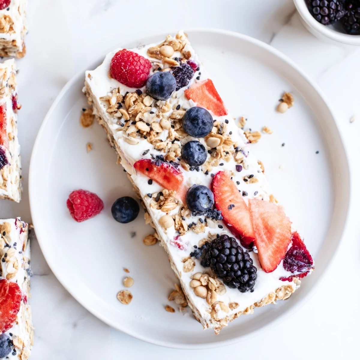 No bake frozen yogurt berry granola bars with vibrant raspberries, blueberries, and crunchy oat clusters layered on a white plate