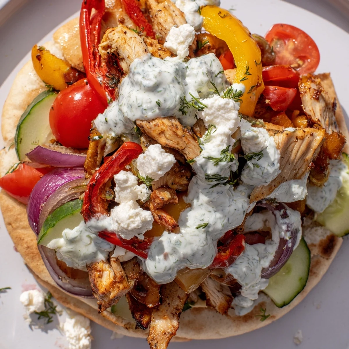Golden sheet pan chicken pitas stuffed with roasted vegetables and creamy herby ranch sauce