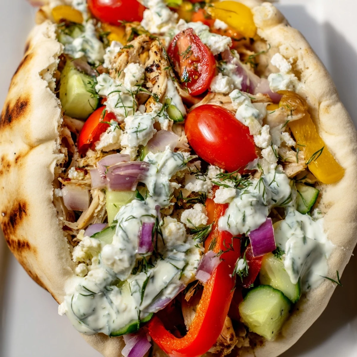 Roasted chicken and vegetable pitas topped with tangy herby ranch sauce and crisp garnishes