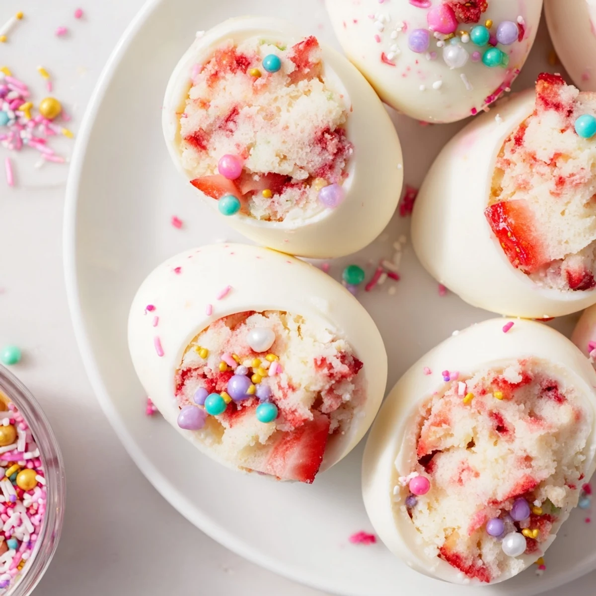 White chocolate Easter egg bombs filled with creamy strawberry shortcake mixture and colorful sprinkles on a white plate.