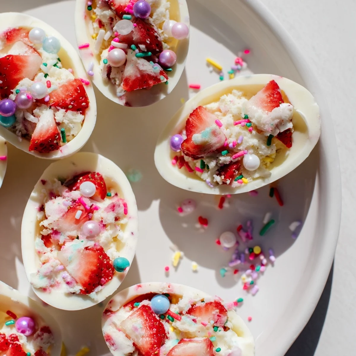Creamy strawberry shortcake Easter egg bombs with fresh strawberries and pound cake crumbles inside white chocolate shells.