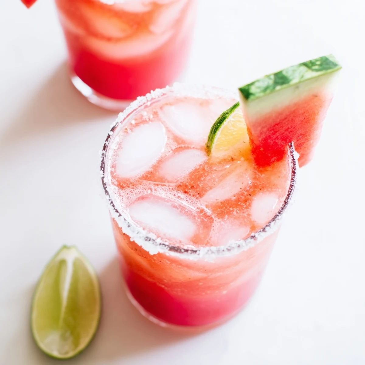 Vibrant pink Watermelon Margarita Mocktail garnished with fresh lime wedges and watermelon slices