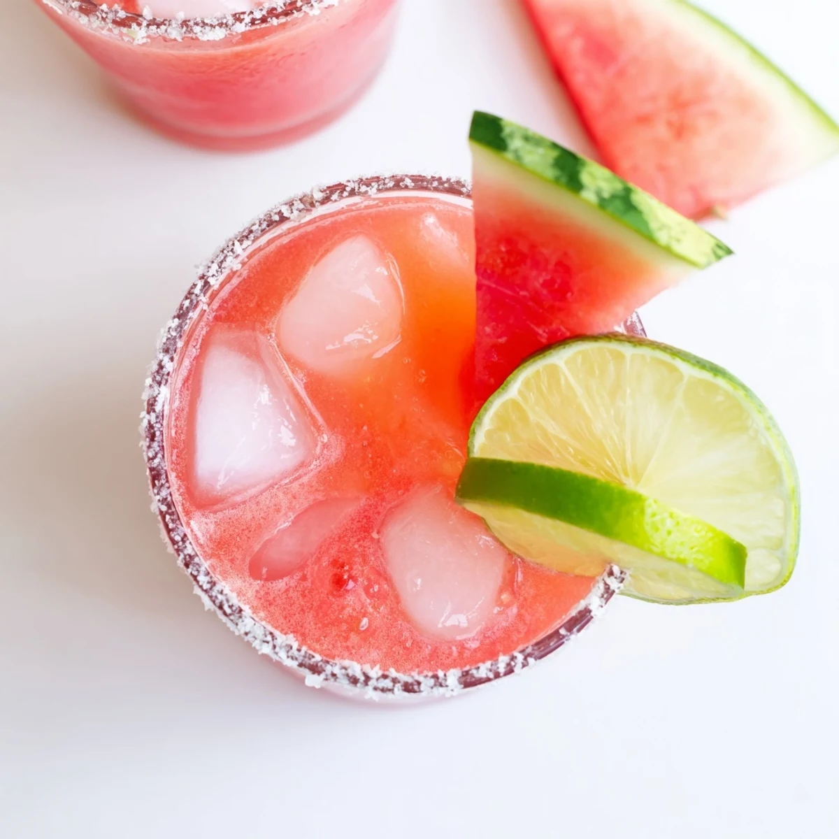 Refreshing blended watermelon margarita mocktail poured over ice with citrus and sweet agave notes