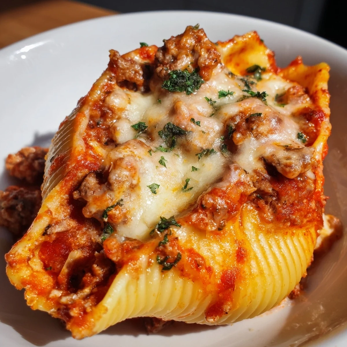 Jumbo pasta shells filled with seasoned beef ricotta mixture smothered in creamy tomato sauce