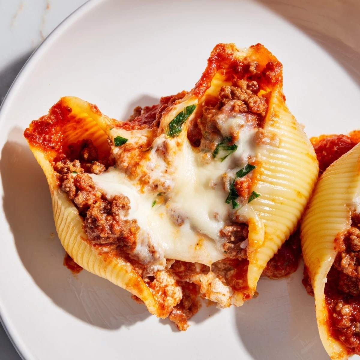 Italian-style beef stuffed shells baking in bubbling marinara with a golden mozzarella topping
